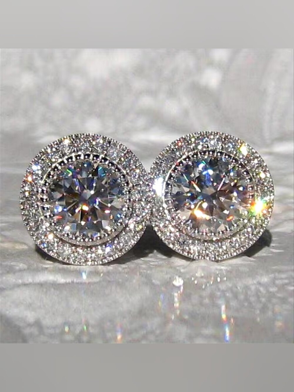 Classic Round Halo Stud Earrings in Silver with White Stones